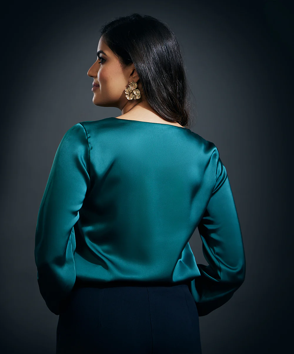 Cowl Neck Long Sleeve Satin Top-Dark Green - Image 5