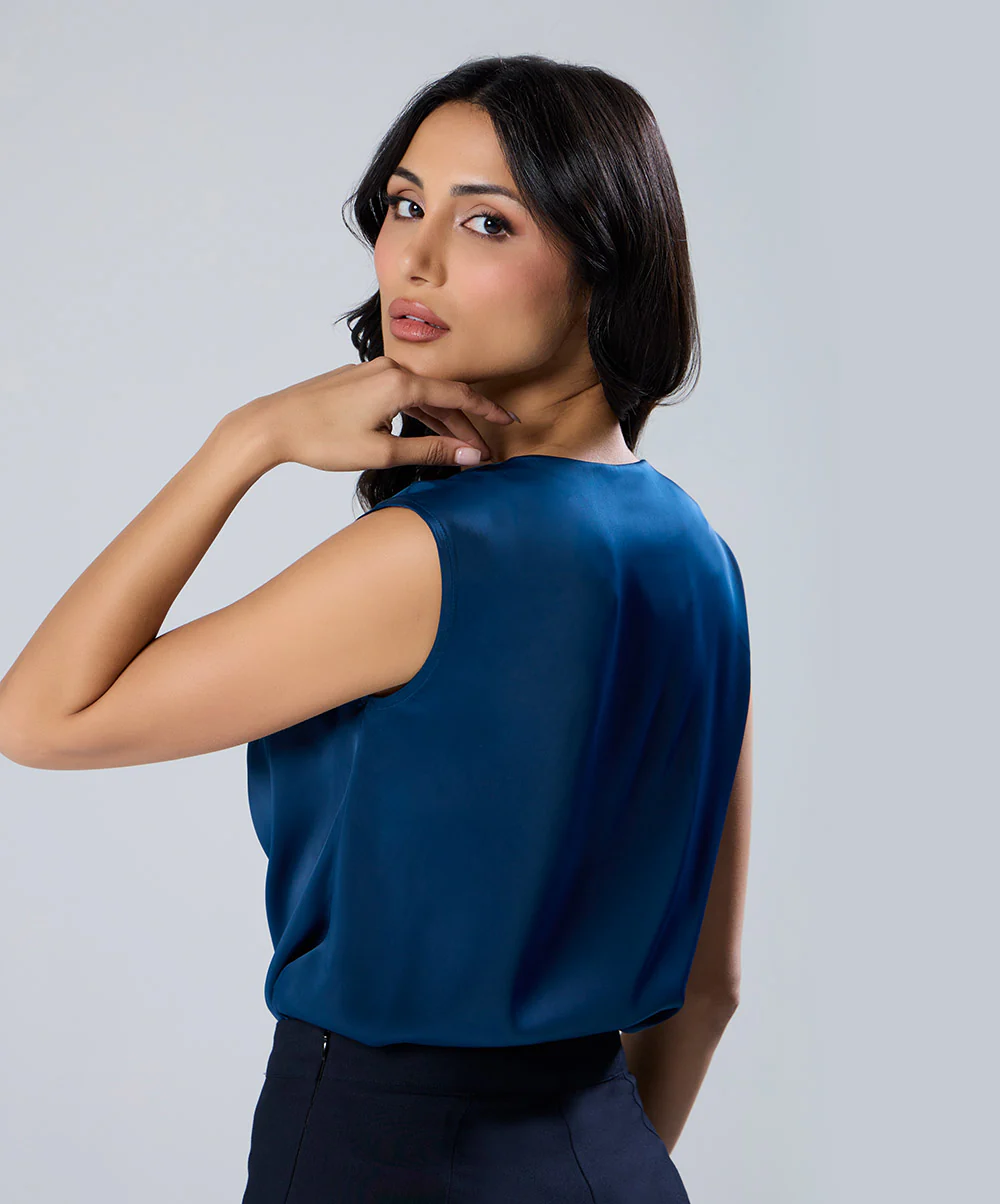 Cowl Neck Short Sleeve Satin Teal Top - Image 4