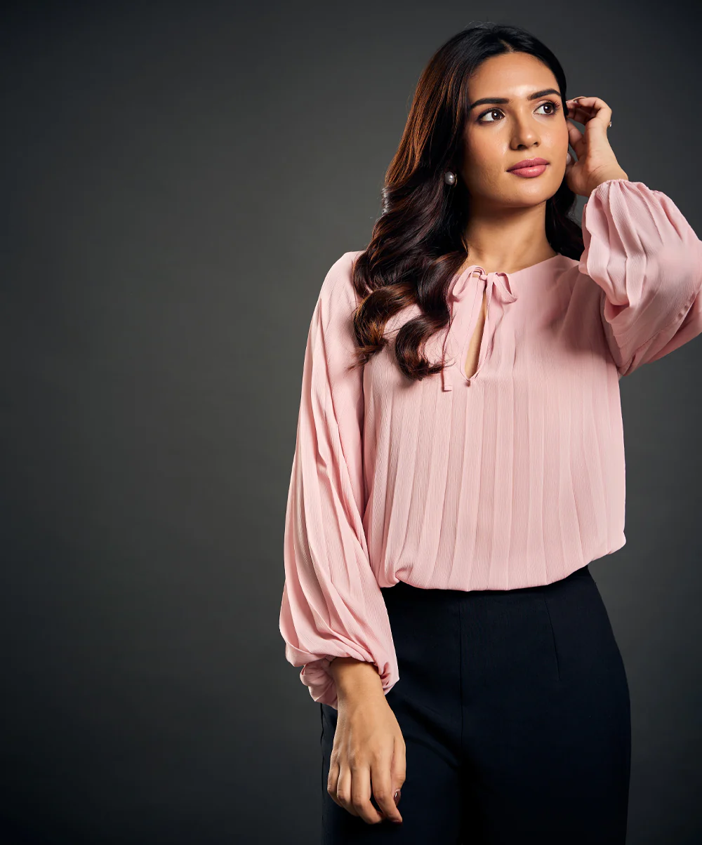 Crepe Pleated Chiffon Long Sleeve Top - Image 2
