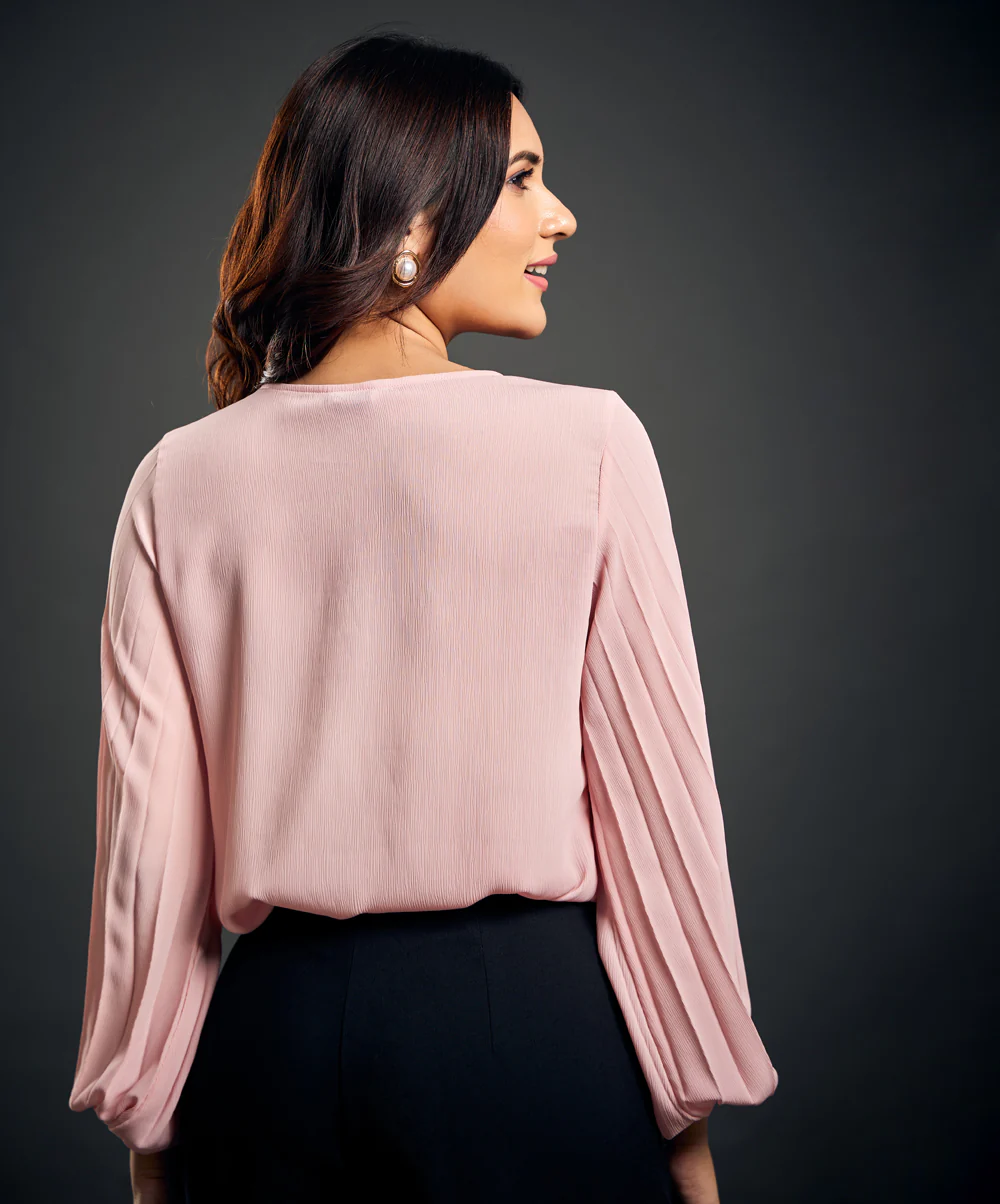 Crepe Pleated Chiffon Long Sleeve Top - Image 6