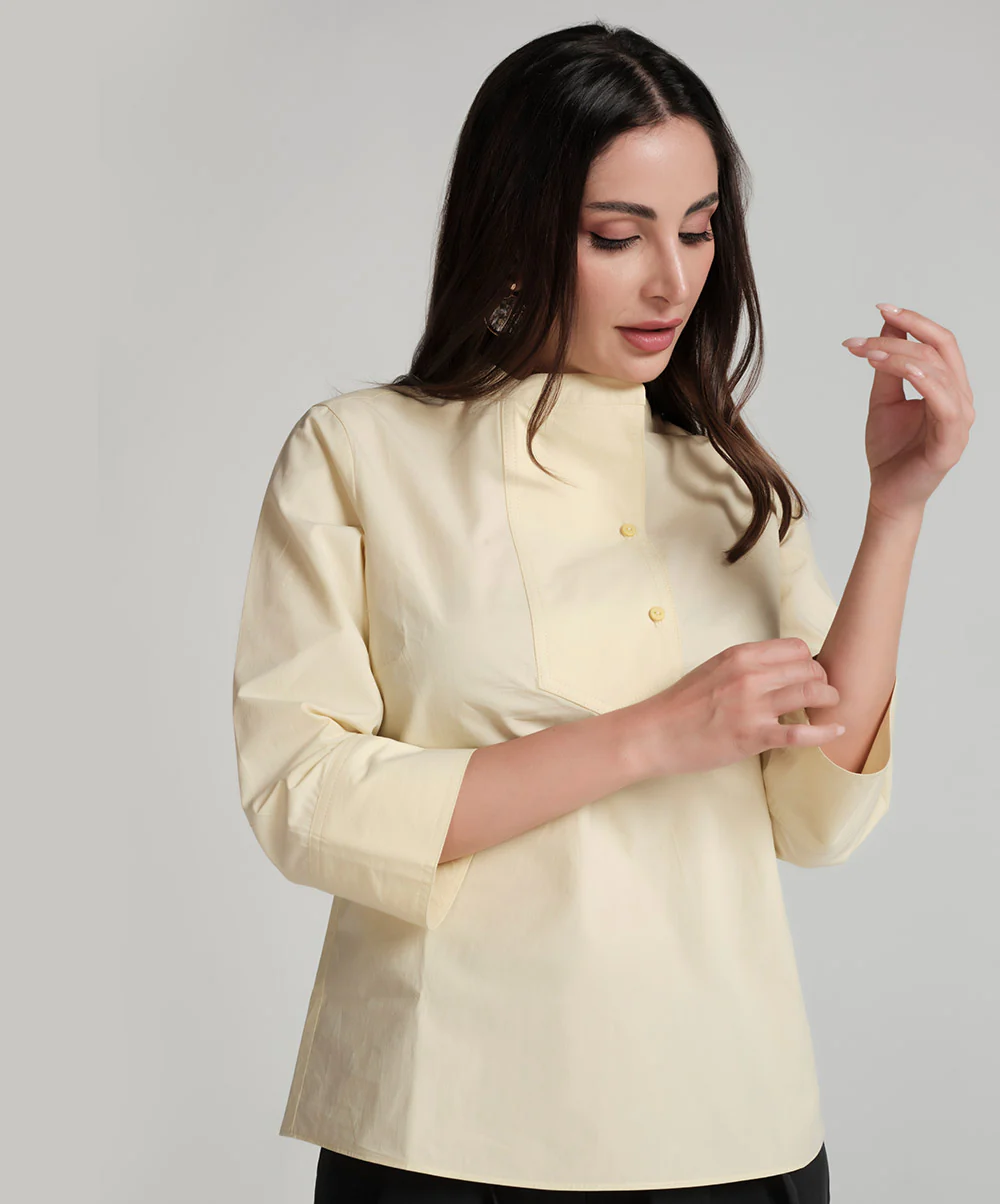 Crop Turn Up Sleeve Cotton Yellow Shirt - Image 2