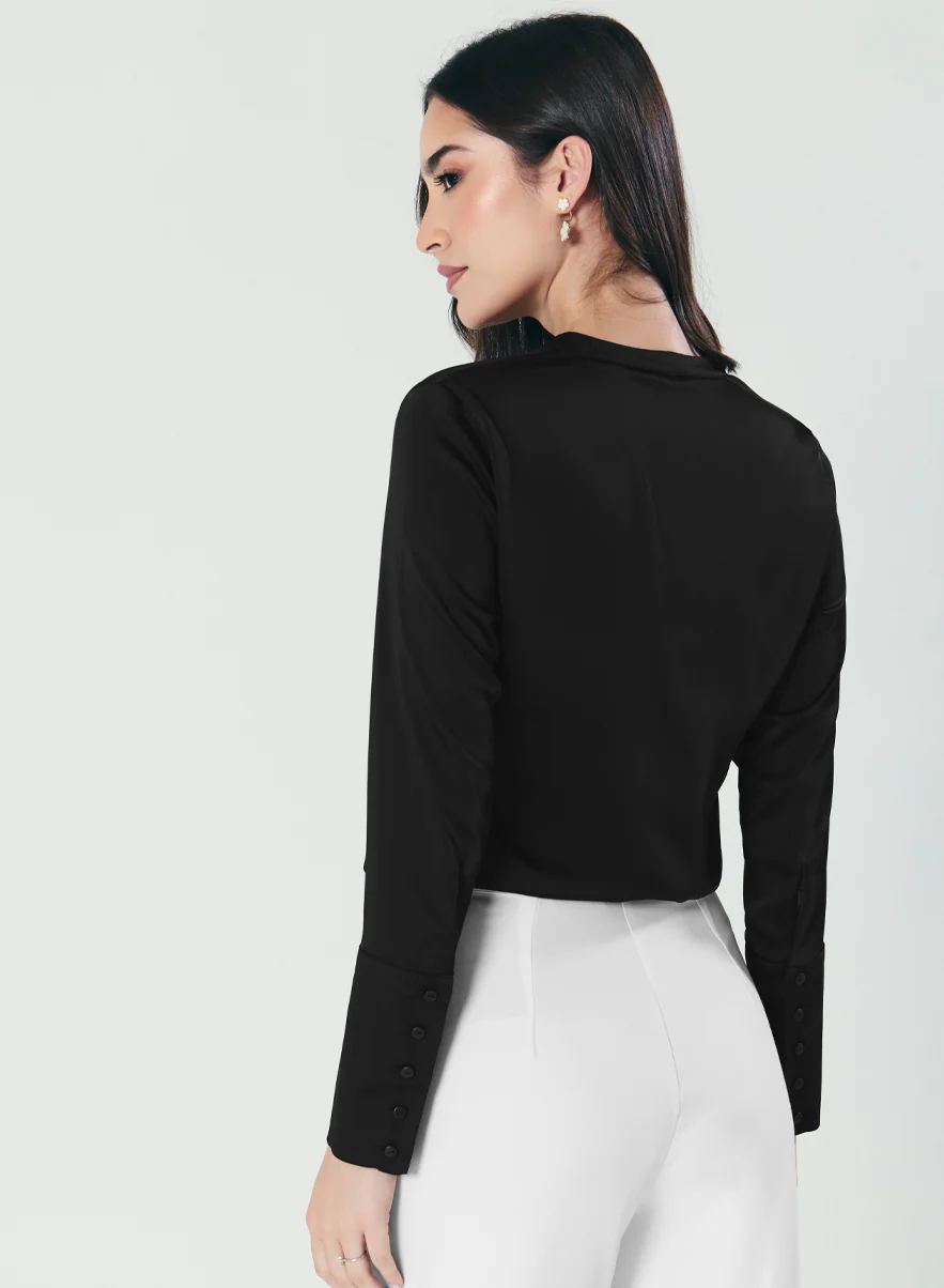 Cuff Detailed Elegant Black Satin Shirt - Image 2