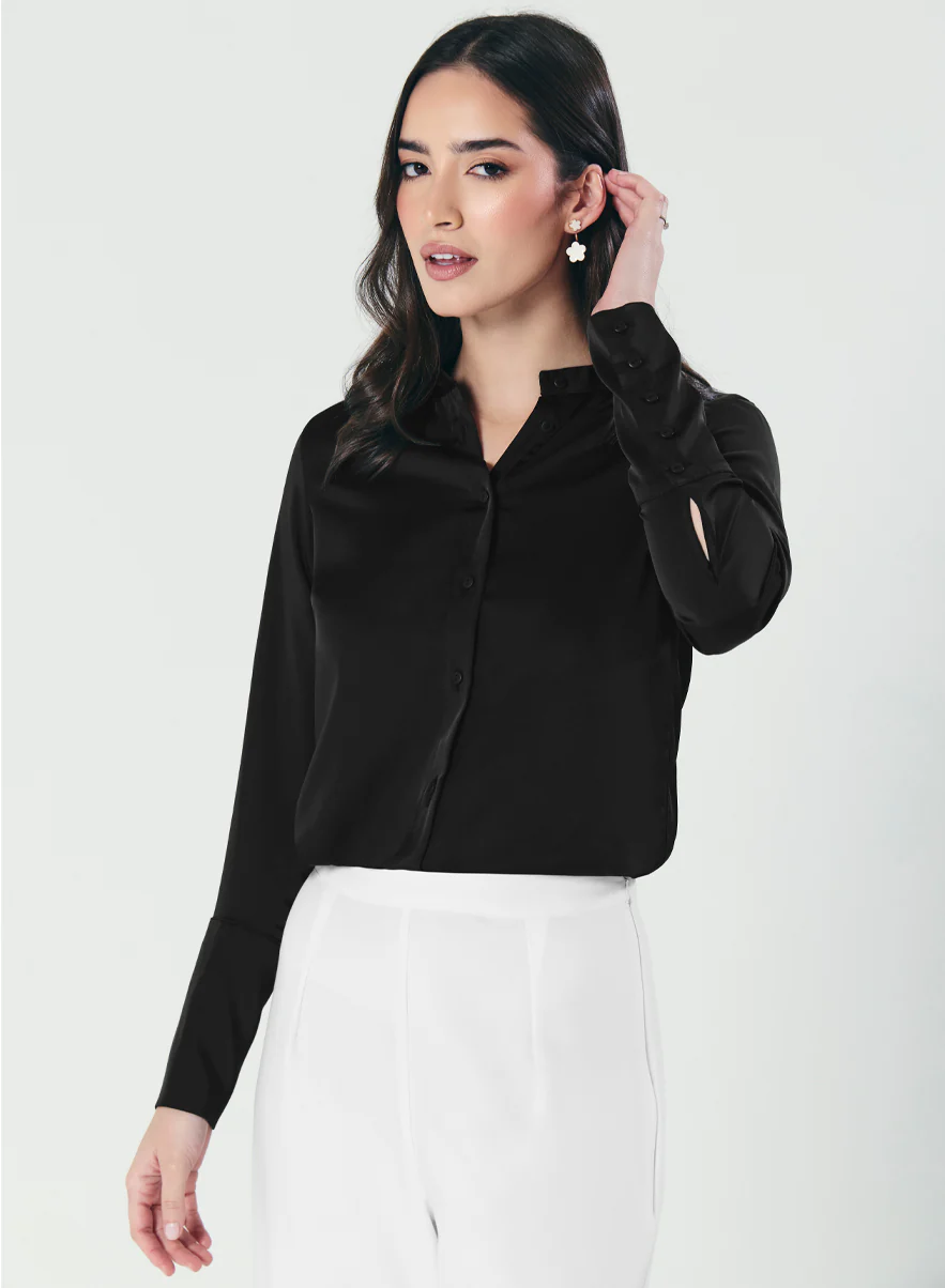 Cuff Detailed Elegant Black Satin Shirt - Image 5