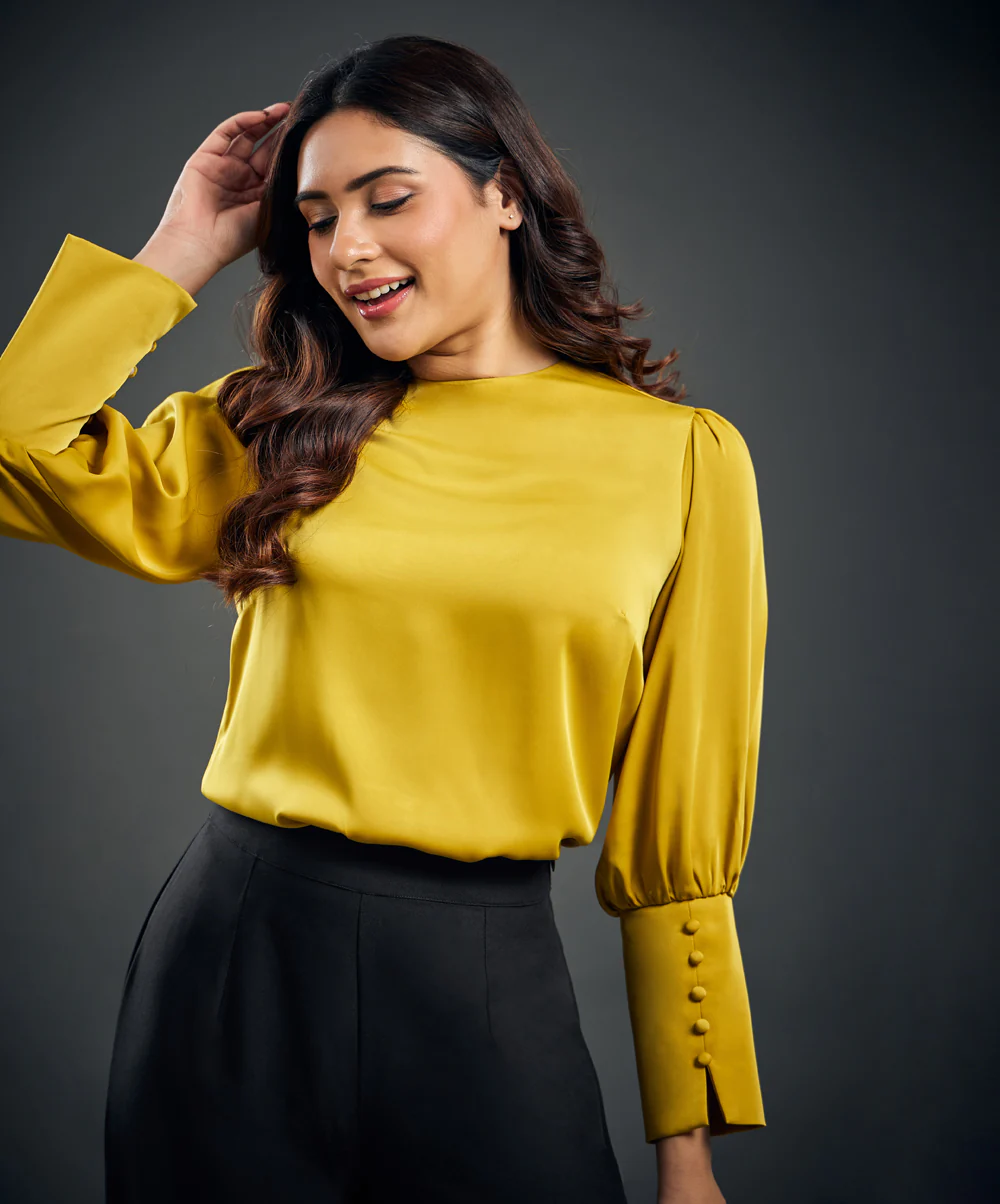 Cuff Detailed Yellow Satin Top - Image 2