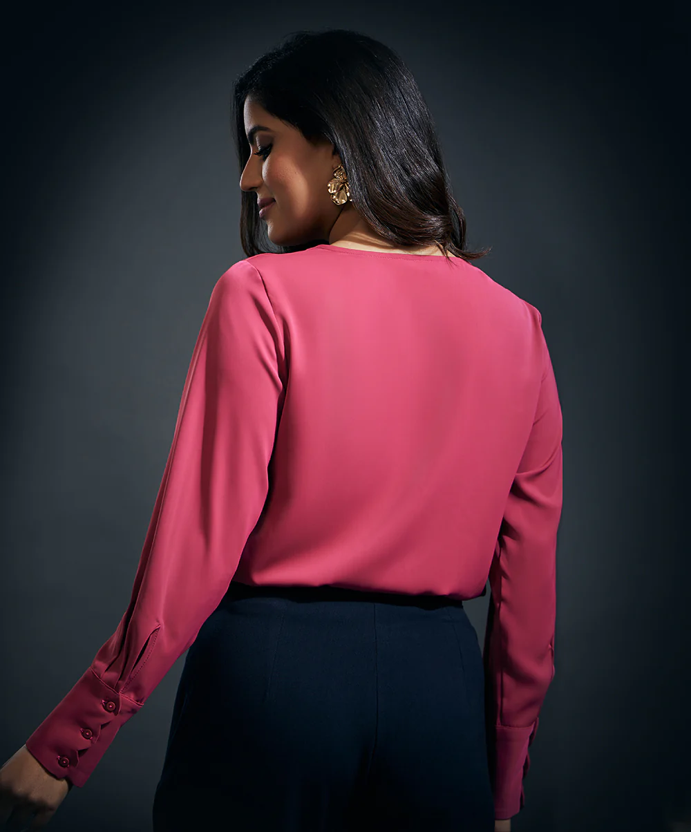 Cuff Scalloped Chiffon Top-Pink - Image 5
