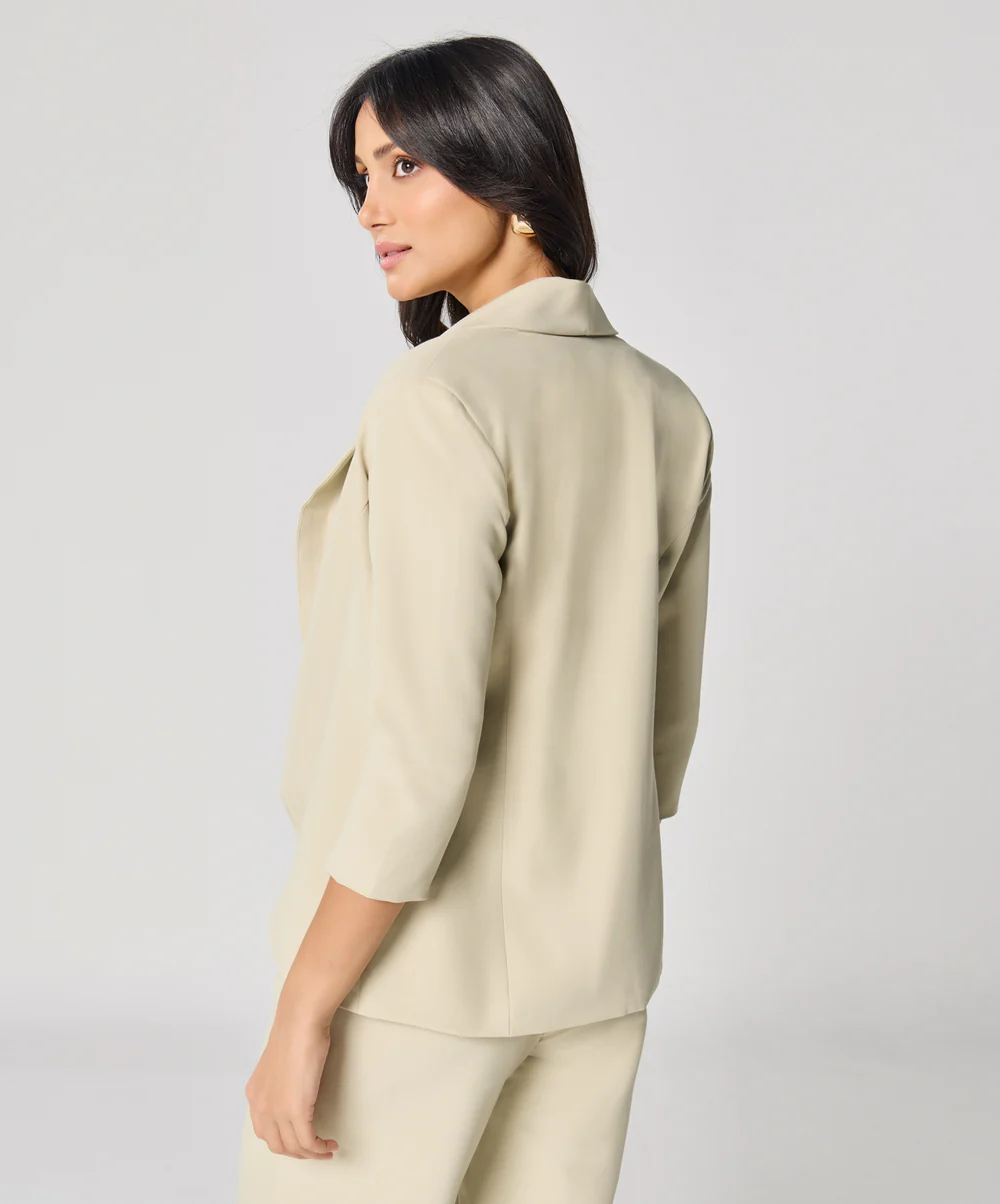 Curved Label Collared Classic Jacket- Beige - Image 3