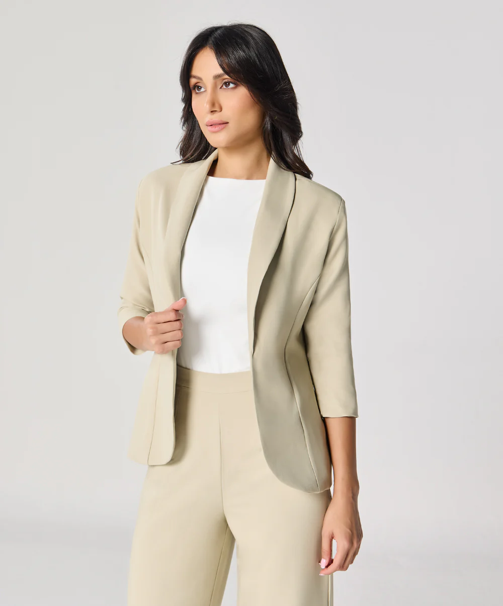 Curved Label Collared Classic Jacket- Beige - Image 6