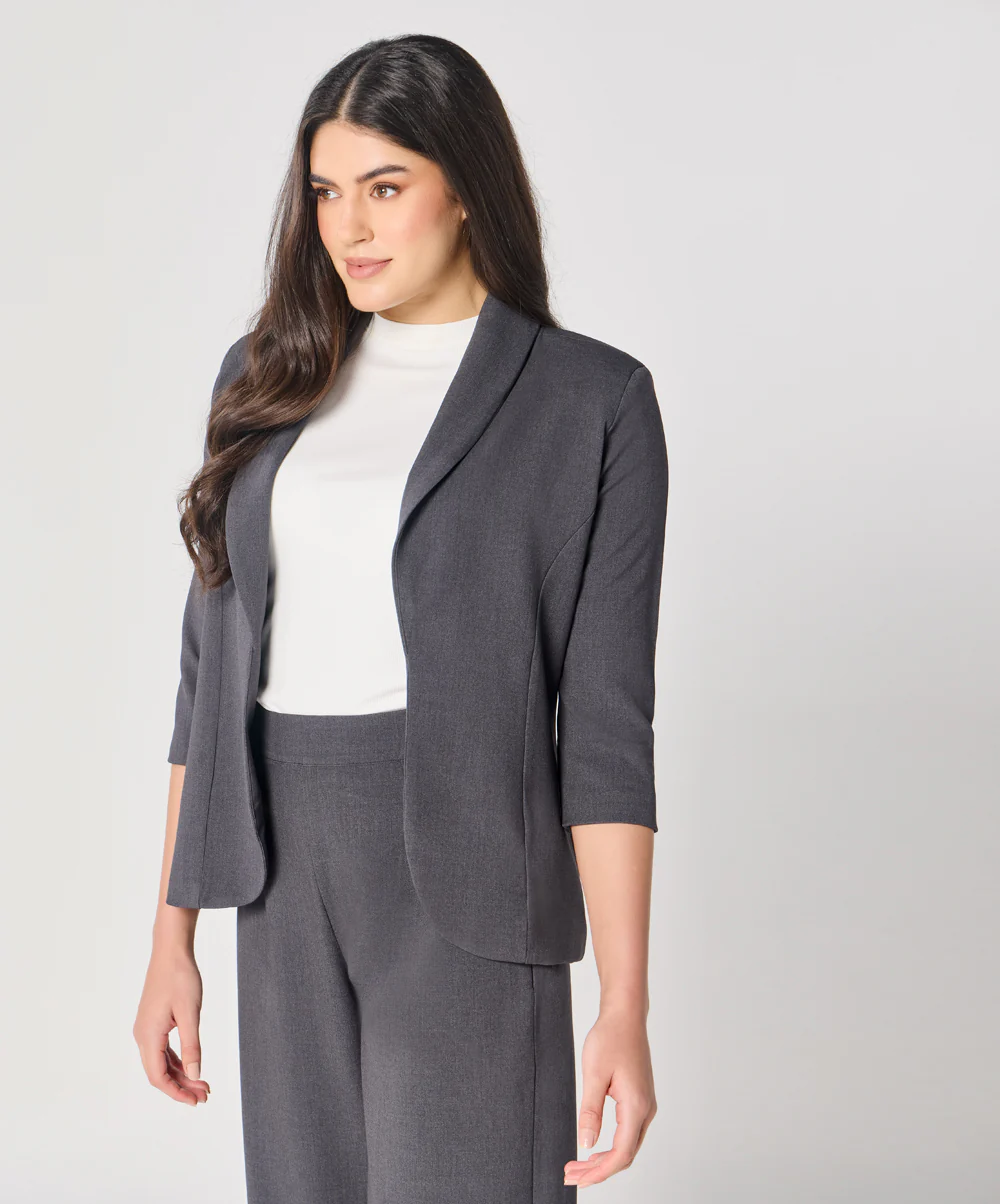 Curved Label Collared Classic Jacket- Grey - Image 3