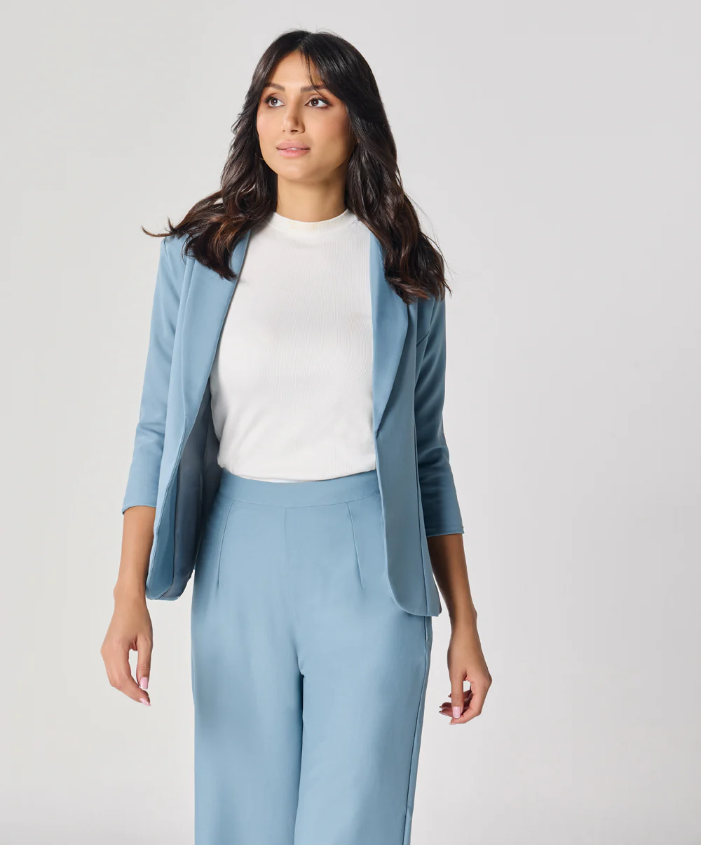 Curved Label Collared Classic Jacket- Light Blue - Image 2