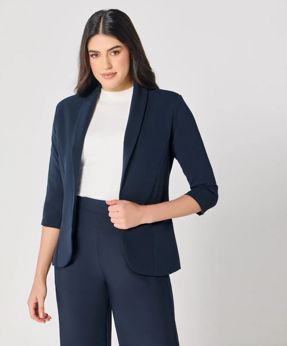 Curved Label Collared Classic Jacket- Navy Blue - Image 2