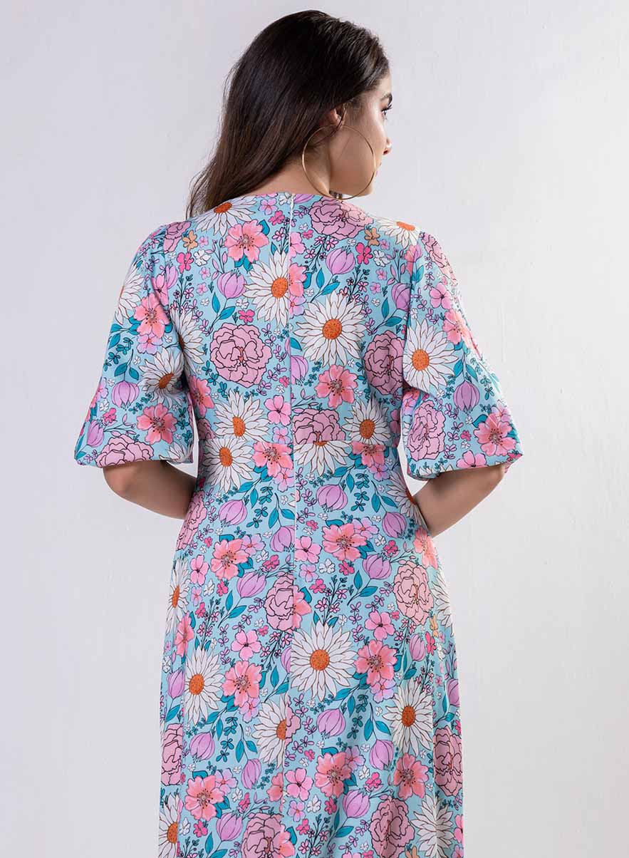 Curved V Neck Paneled Satin Printed Dress - Image 5