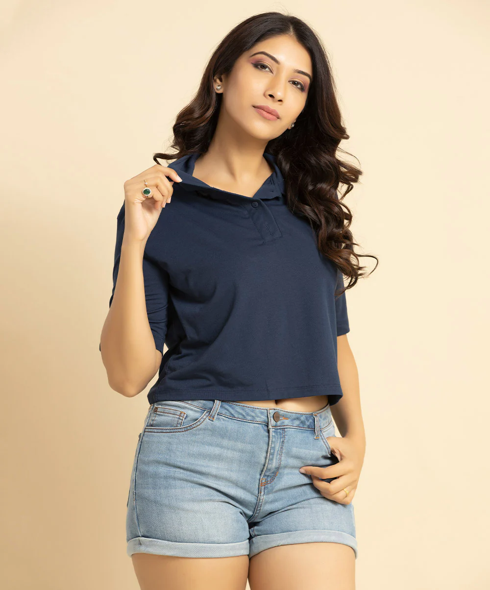 Daily Solid Button Front Crop Tee-Navy - Image 2