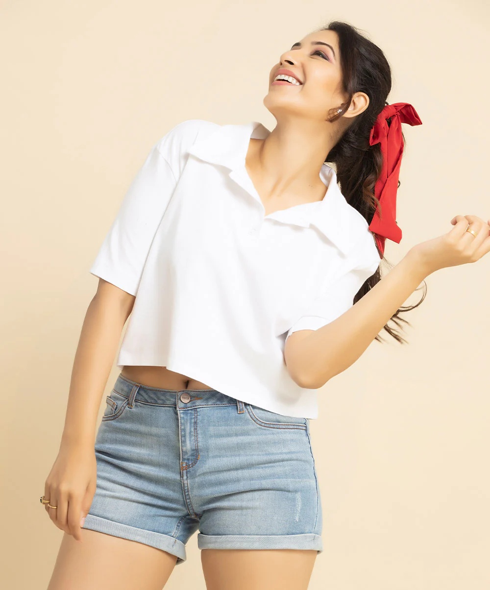 Daily Solid Button Front Crop Tee-White