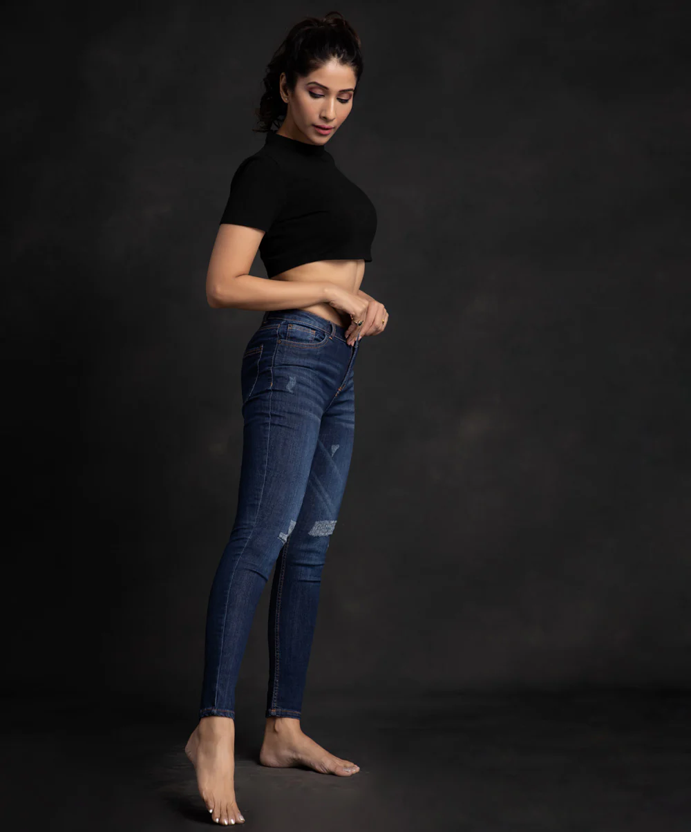 Dark Wash Knee Distressed Mid Waist Jean - Image 3