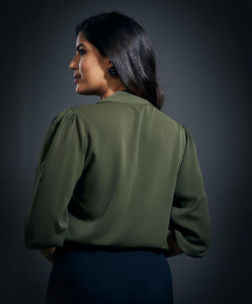 Deep Neck Bow Tie Chiffon Top-Dark Green - Image 4