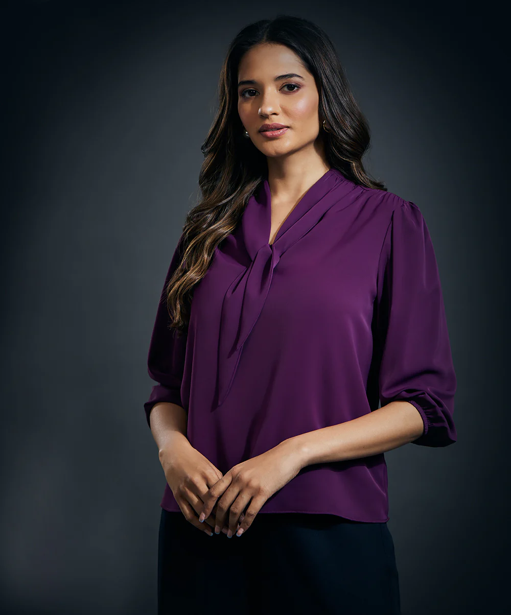 Deep Neck Bow Tie Chiffon Top-Purple - Image 3