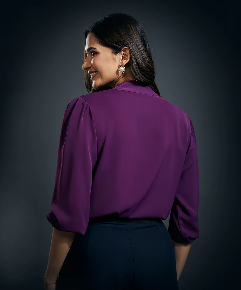 Deep Neck Bow Tie Chiffon Top-Purple - Image 4