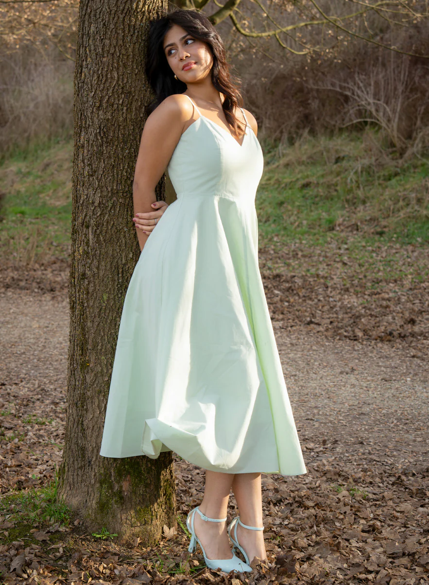 Deep V Neck Cotton Midi Dress Mint - Image 2