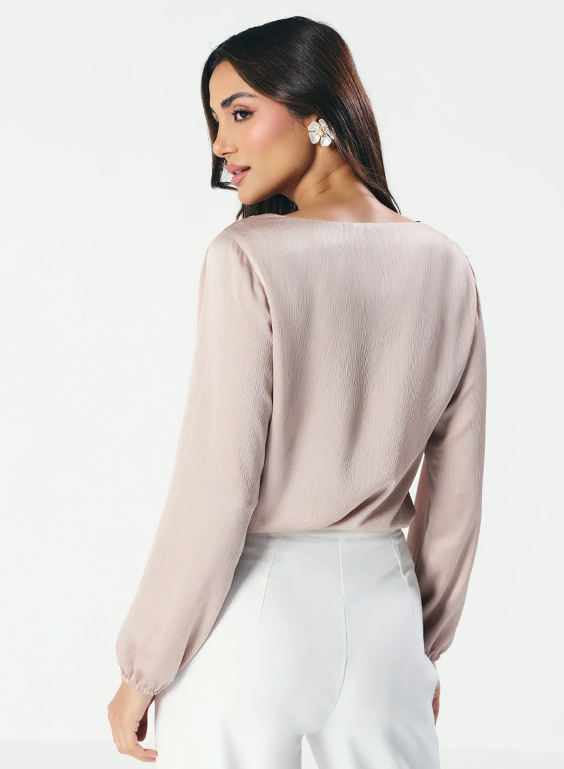 Deep VNeck Long Sleeve Light Brown Top - Image 3
