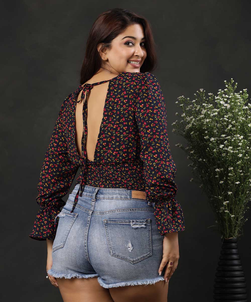 Ditsy Floral Tie Back Shirred Blouse - Image 2