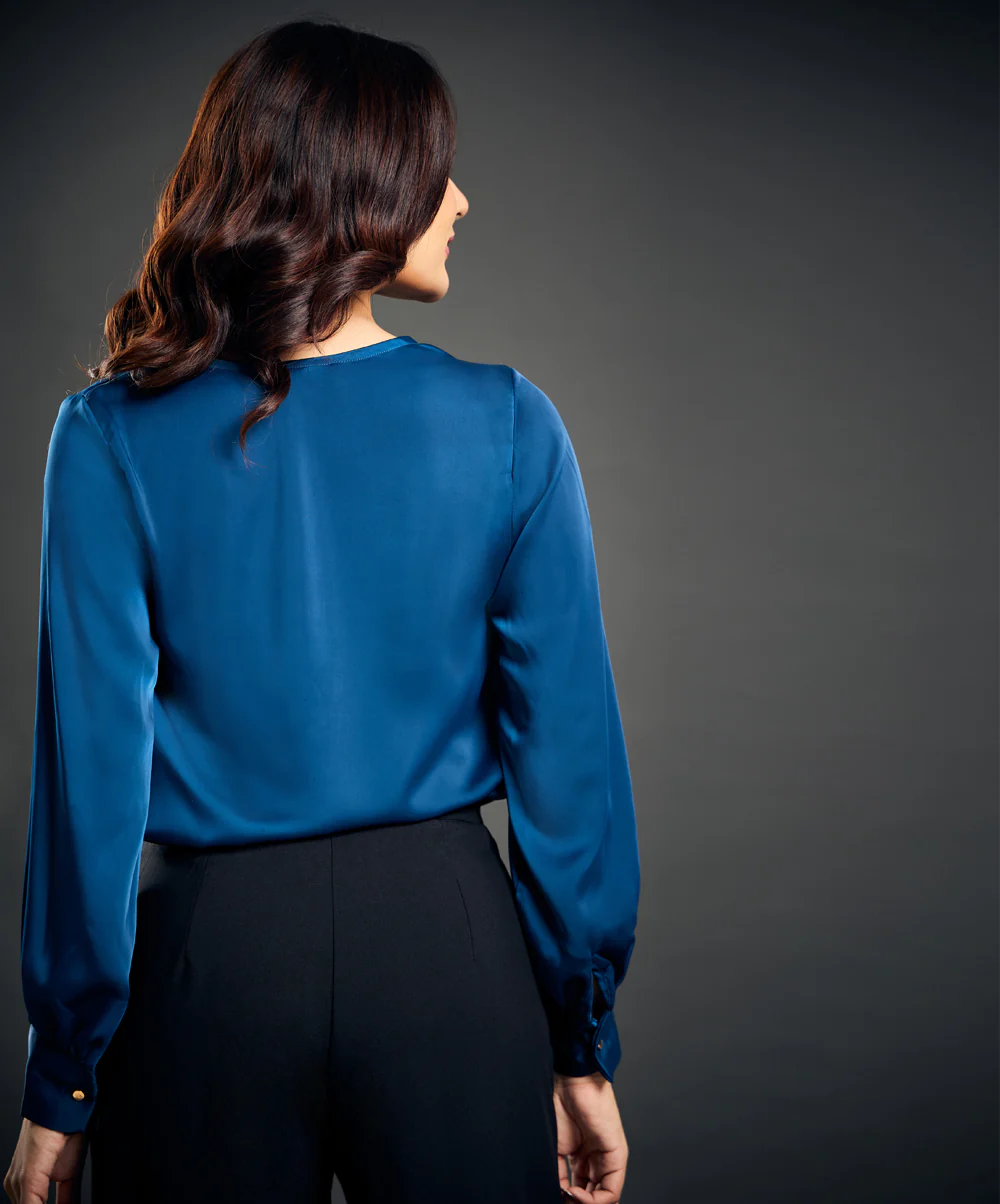 Draped Collar Lantern Sleeve Blue Blouse - Image 5