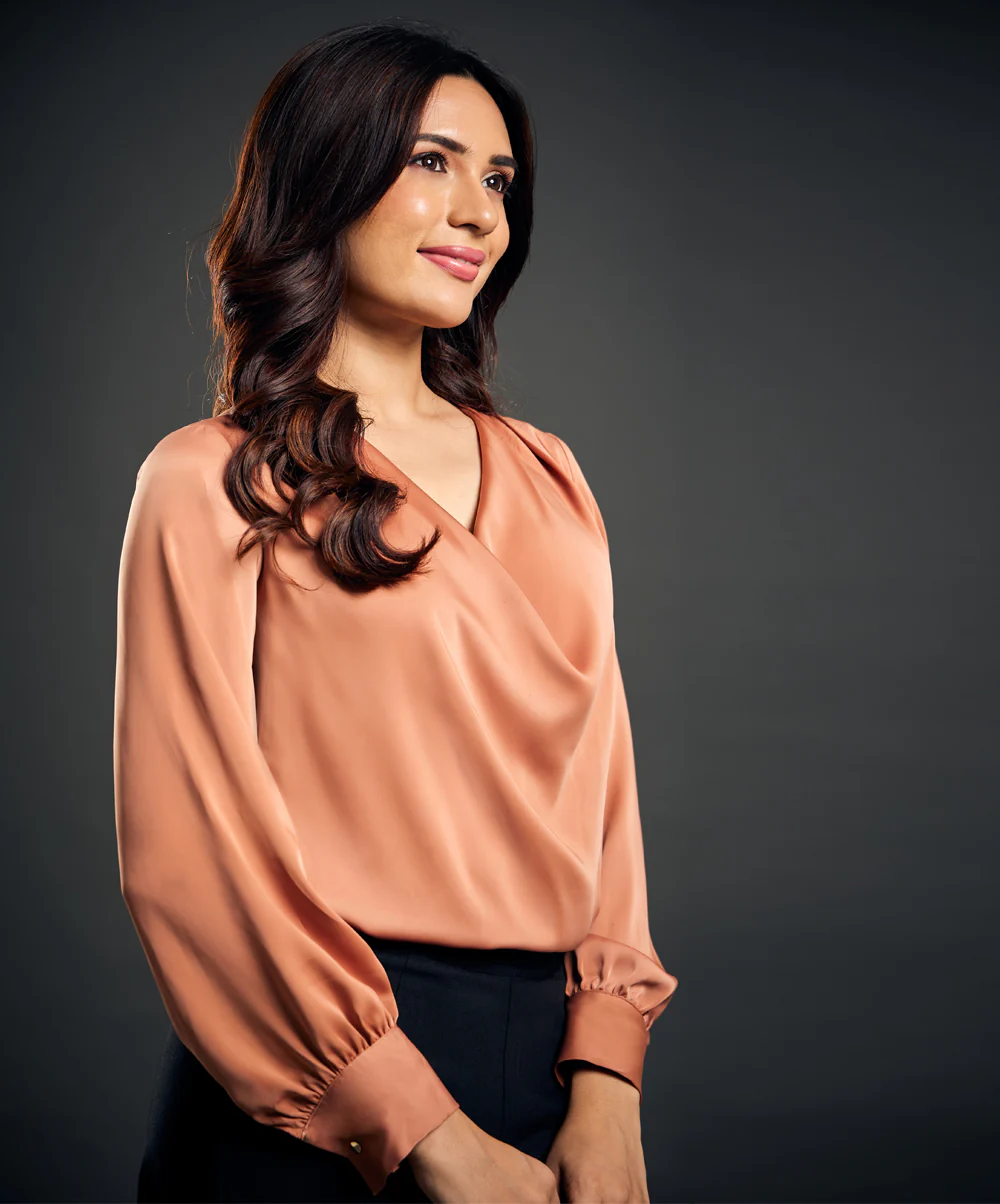 Draped Collar Lantern Sleeve Brown Blouse - Image 4