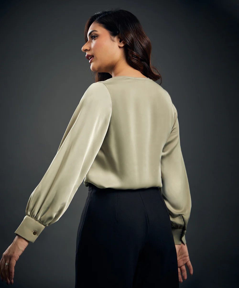 Draped Collar Lantern Sleeve Satin Blouse - Image 4