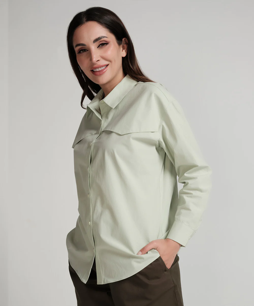 Drop Shoulder Button Front Green Shirt - Image 2