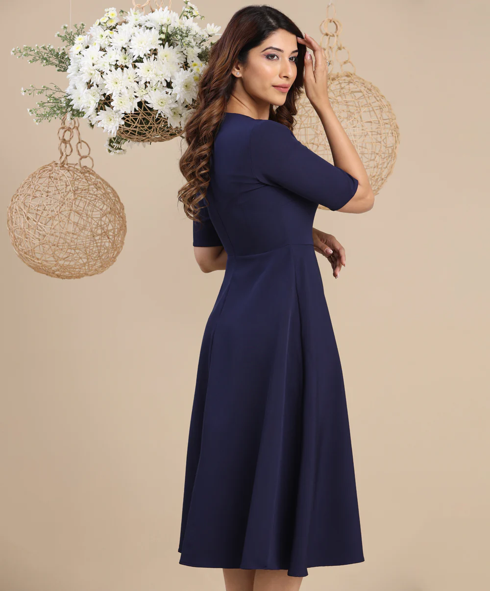 Elegant Swing Waistline Statement Navy Dress - Image 2