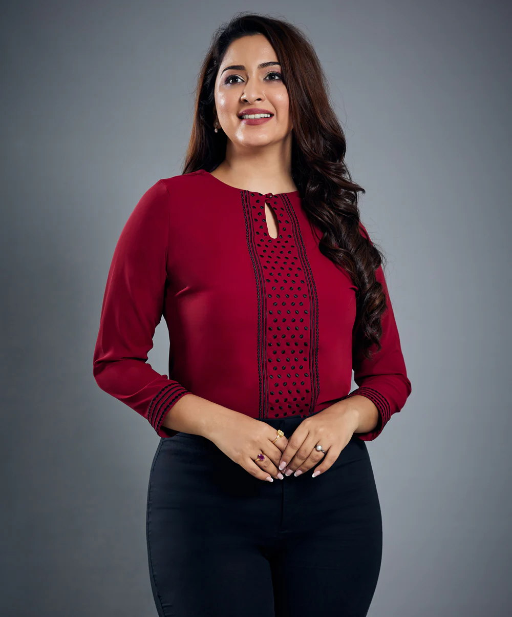 Embroider Chiffon Long Sleeve Maroon Top - Image 2