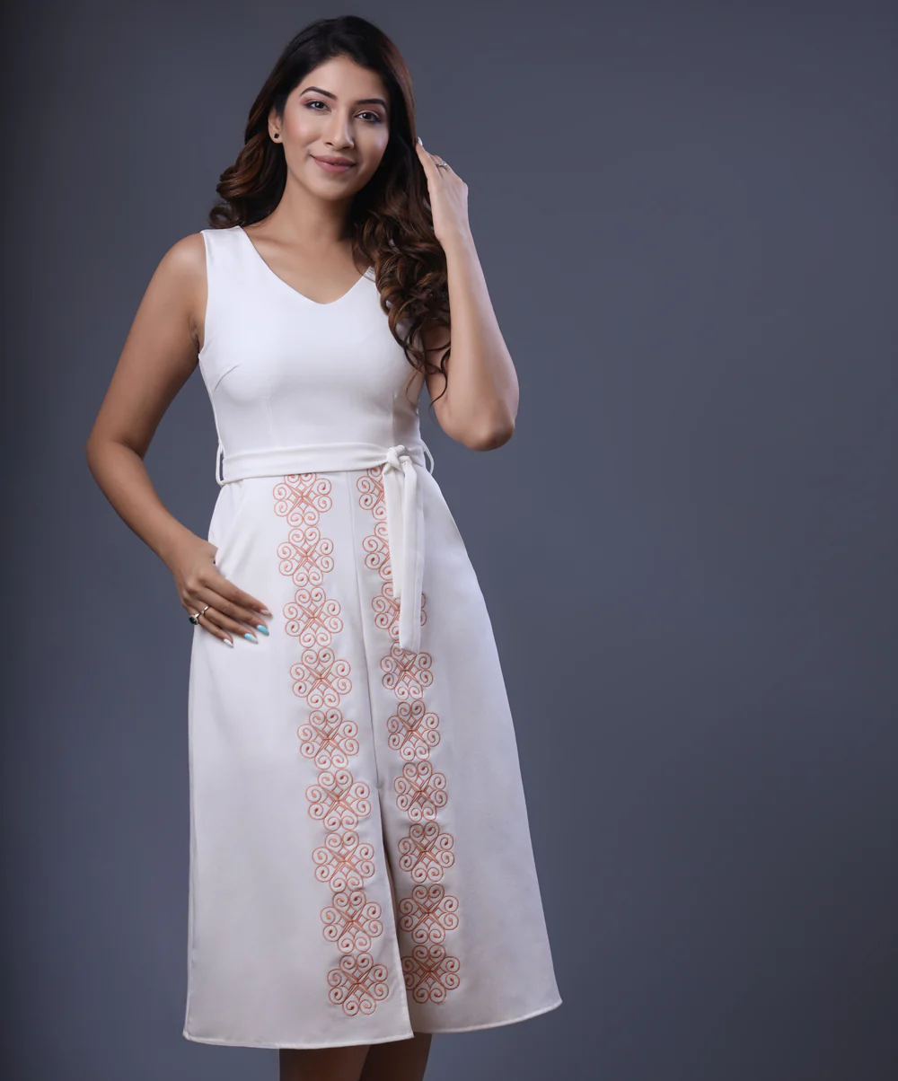 Embroidered Front Slit Shift White Dress
