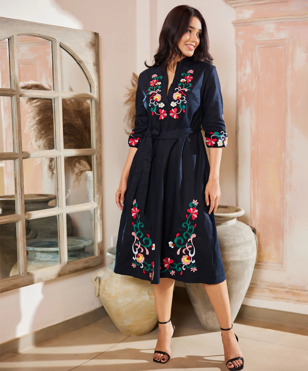 Embroidered Waist Tie Linen Dress - Image 2