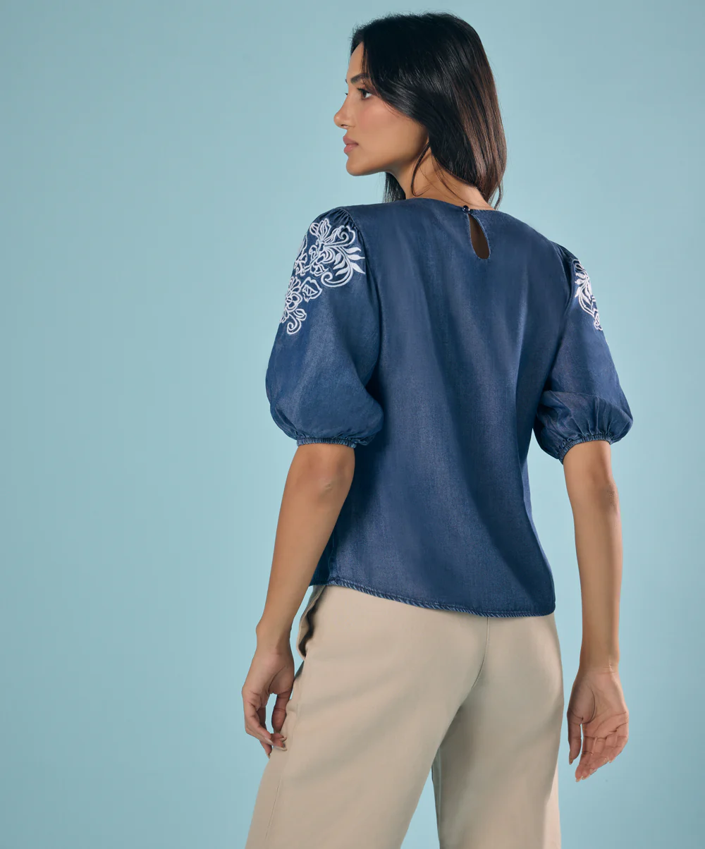 Embroidery And Cut Work Dark Blue Top - Image 3