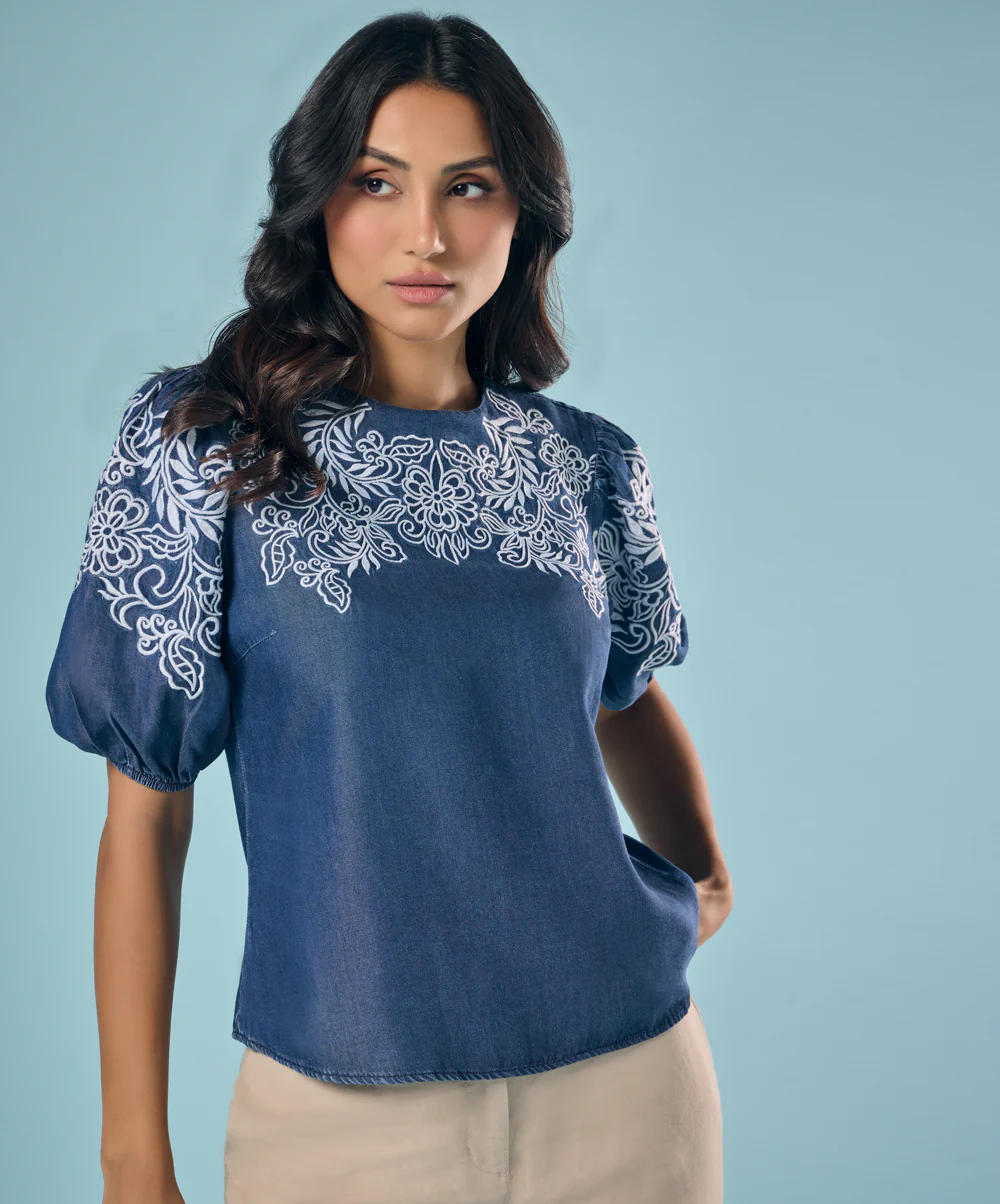 Embroidery And Cut Work Dark Blue Top - Image 4