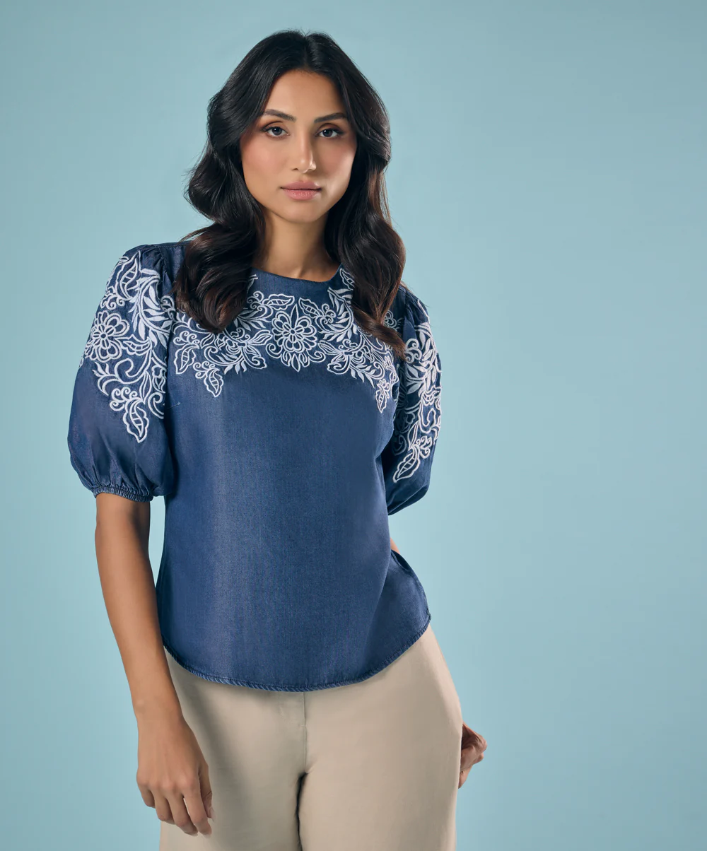 Embroidery And Cut Work Dark Blue Top - Image 7