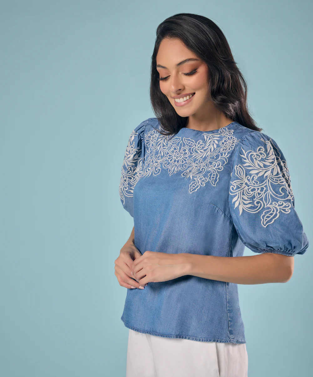 Embroidery And Cut Work Tencel Top - Image 2