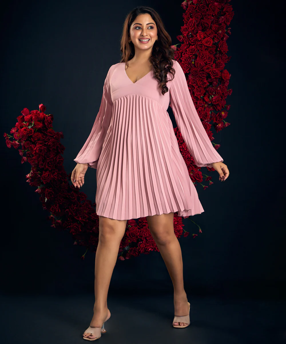 Empire Cut Pleated Satin Dress - Image 2