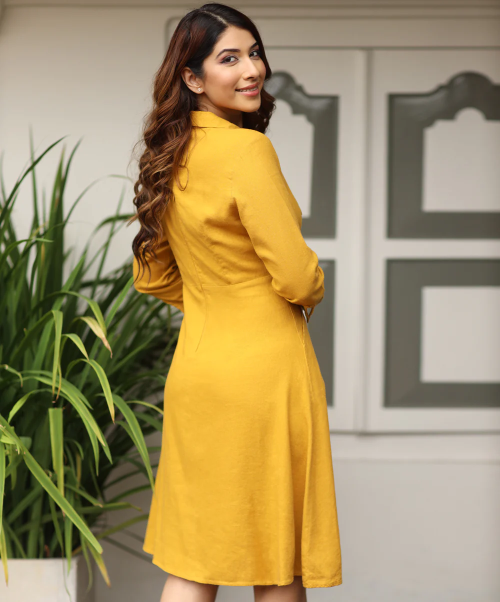 Eyelet Detailed Collared Linen Mustard Dress - Image 2