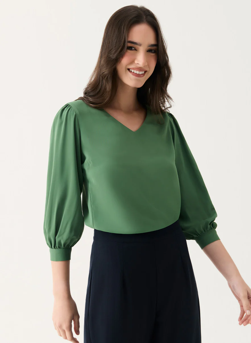 Fern-Green V Neck Long Chiffon Top - Image 2
