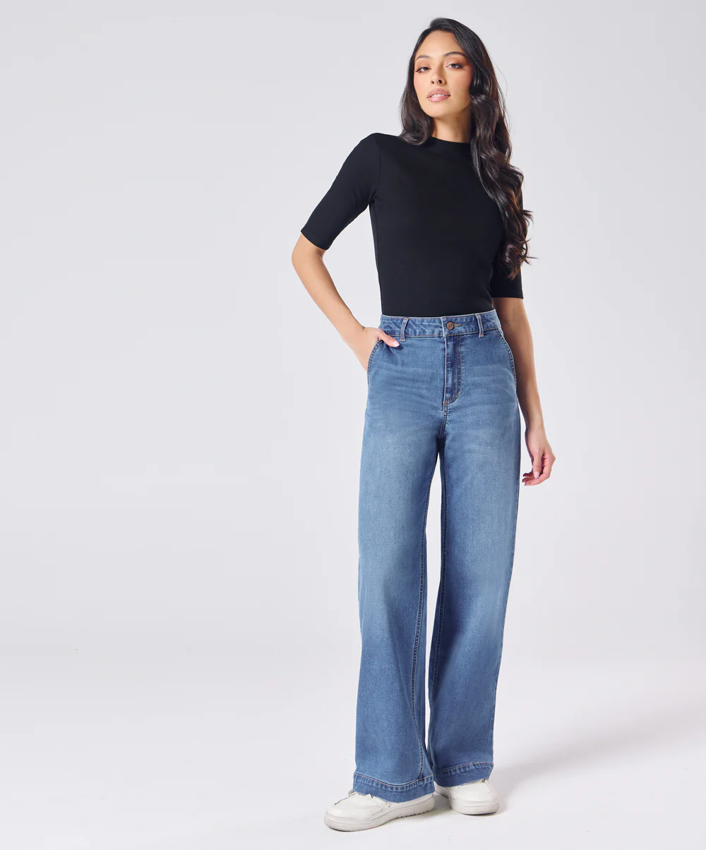 Flared Leg Mid Wash High Rise Jean - Image 3