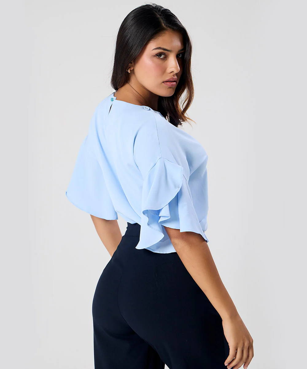 Flared Sleeve Chiffon Top-Light Blue - Image 6