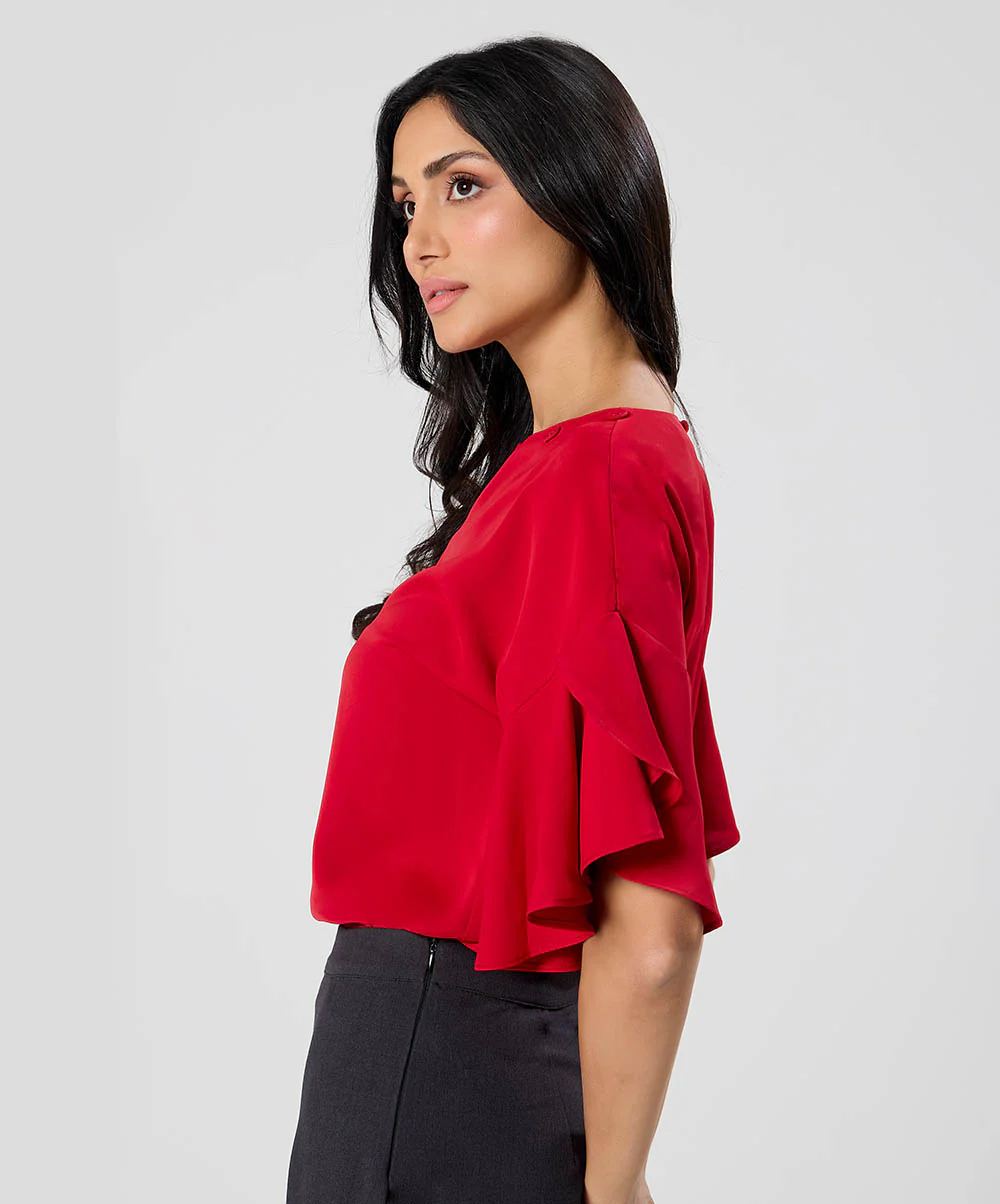 Flared Sleeve Chiffon Top-Red - Image 5