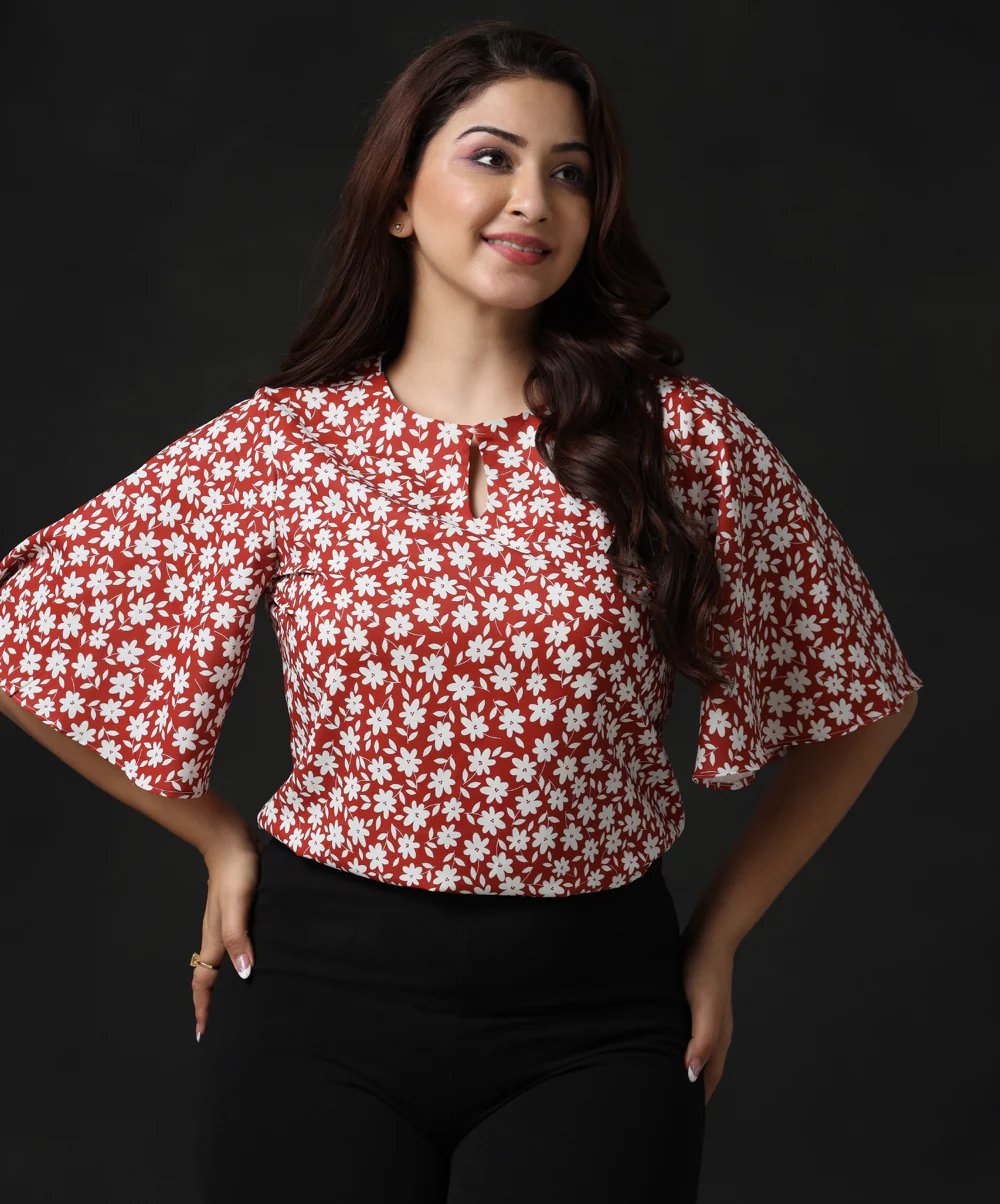 Flared Sleeve Front Detailed Printed Top - Image 2
