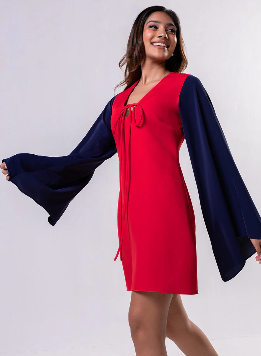 Flared Sleeve Mini Red Dress - Image 3