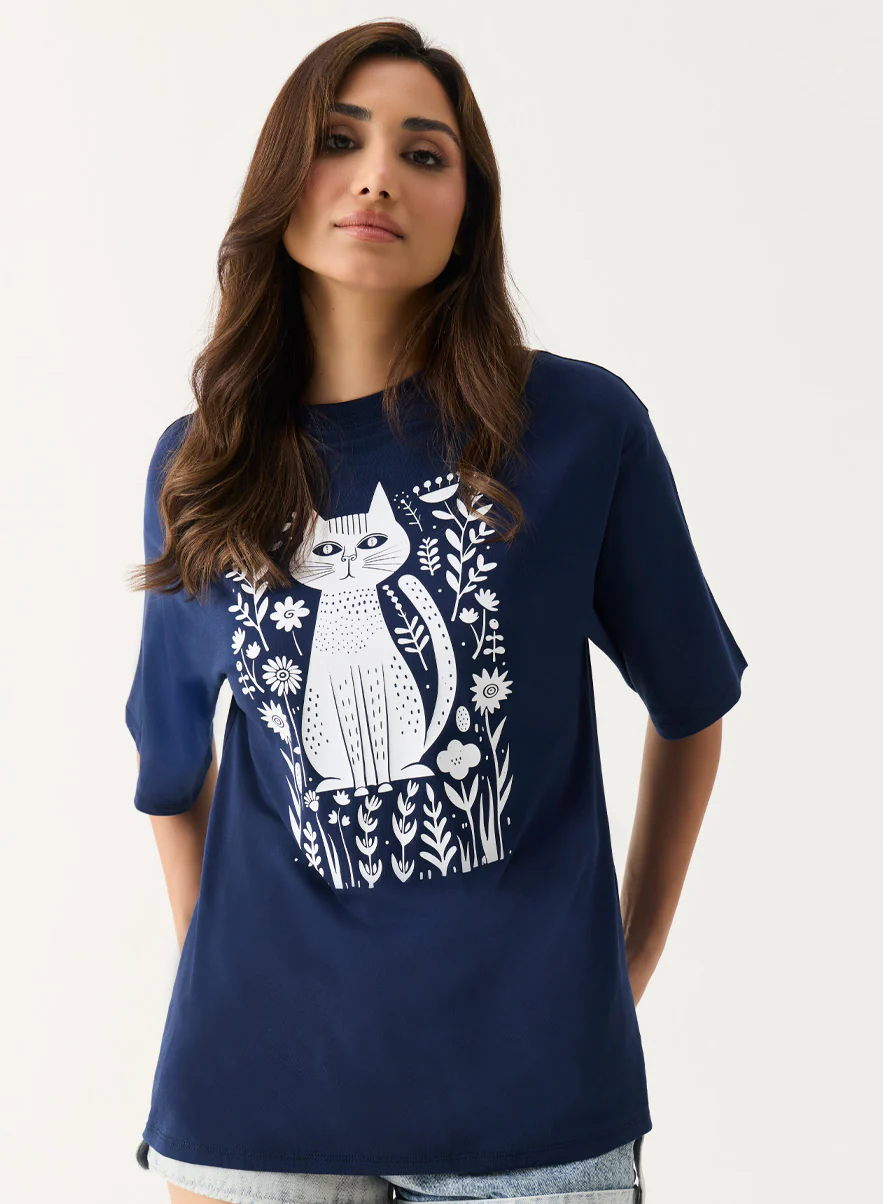 Floral Cat Printed Oversized T-shirt - Image 3