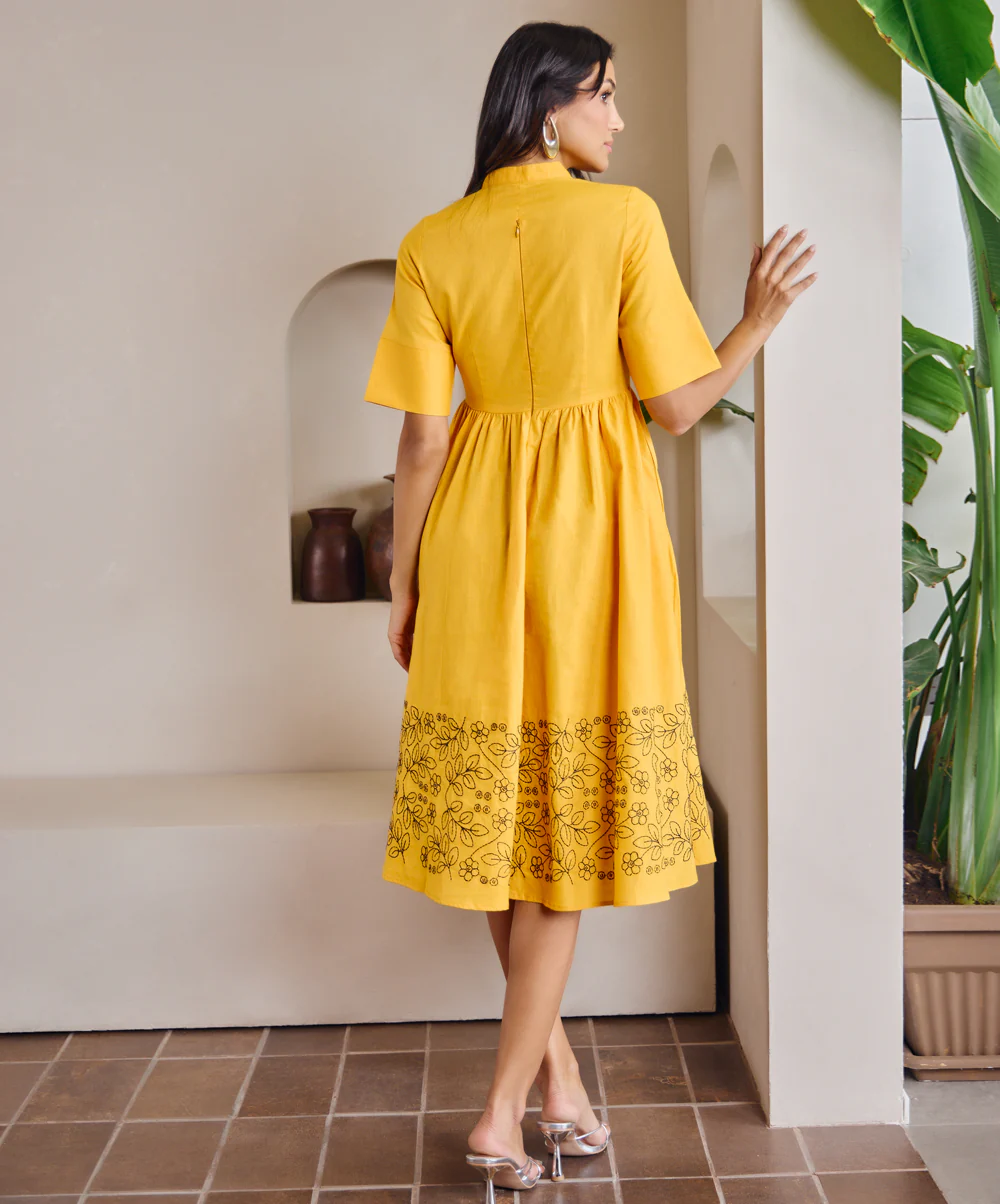 Floral Embroidered Linen Waist Gathered Dress - Image 4