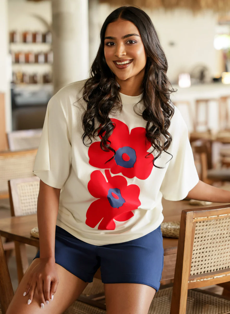 Floral Flock Printed Oversized Off-White T-Shirt - Image 2