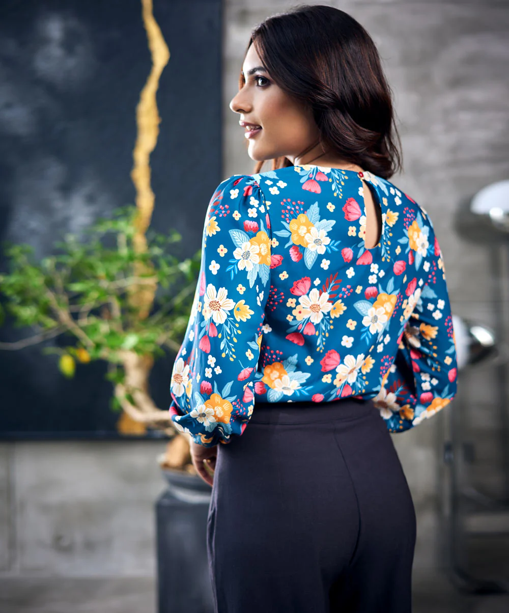 Floral Long Sleeve Blue Chiffon Top - Image 4