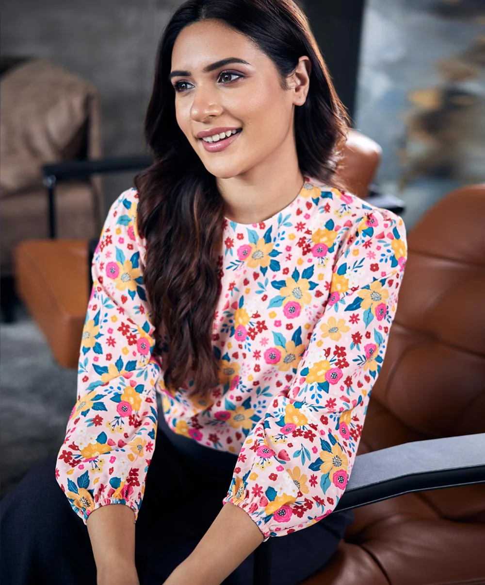 Floral Long Sleeve Pink Chiffon Top - Image 2