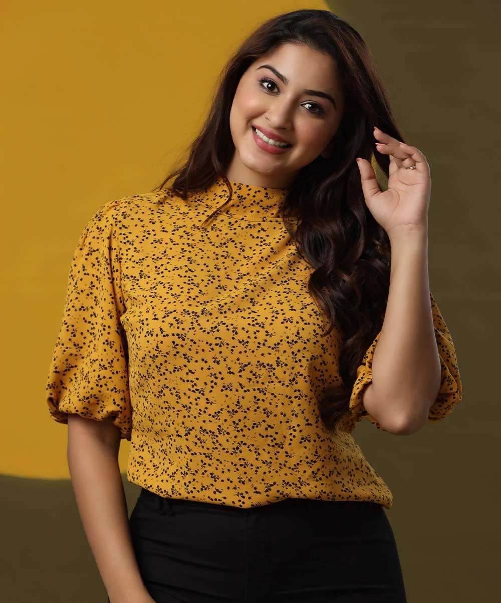 Floral Mock Neck Printed Mustard Top - Image 2